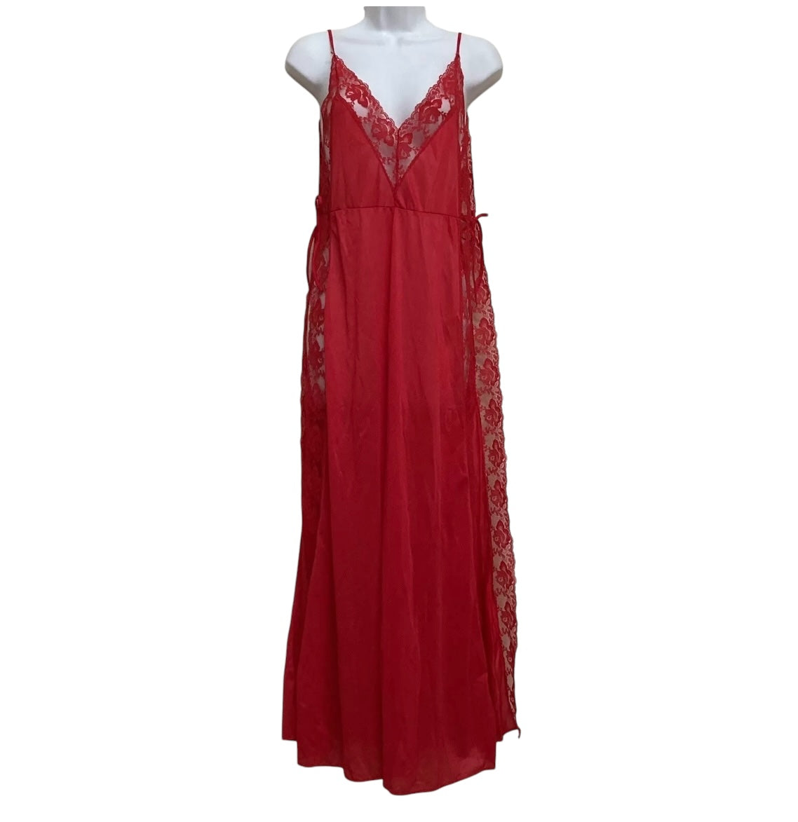 Vtg 70s 80s Red Lace Lounge Dress Nightgown Size medium Nylon