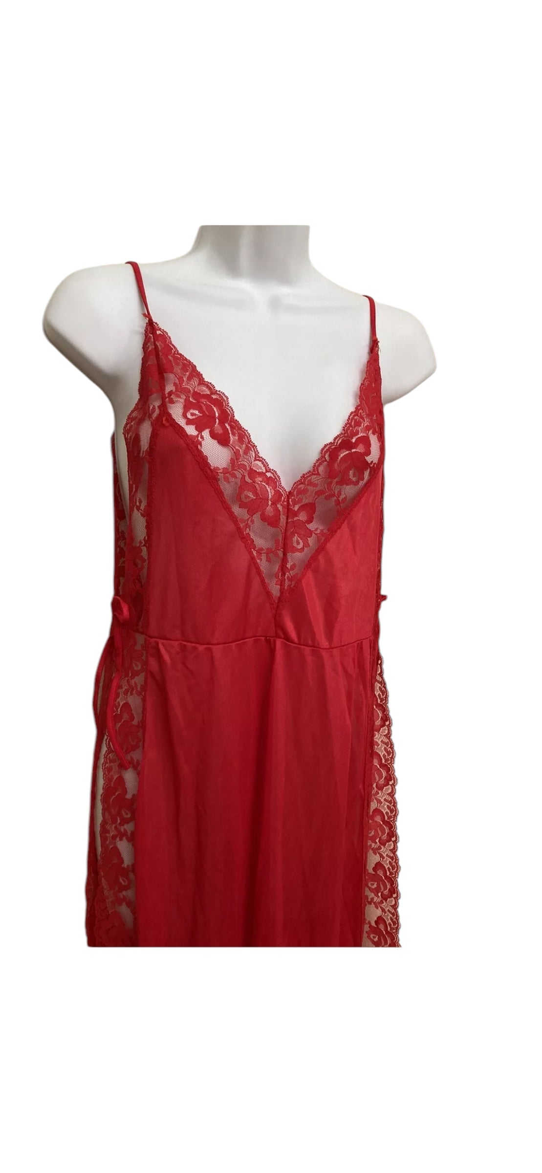 Vtg 70s 80s Red Lace Lounge Dress Nightgown Size medium Nylon