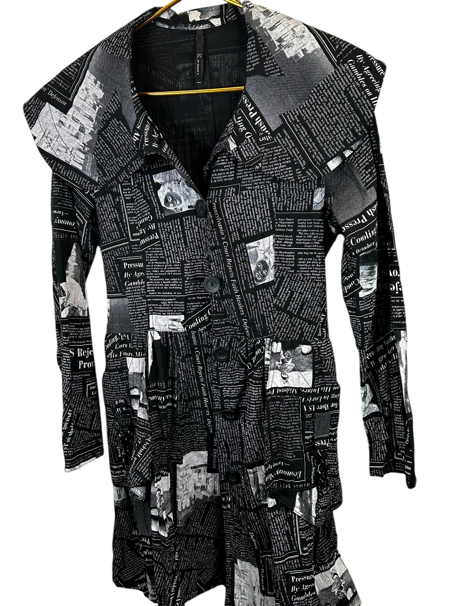 IC By Connie K Newspaper Print Asymmetrical Tunic Jacket MEDIUM Lagenlook Art to Wear