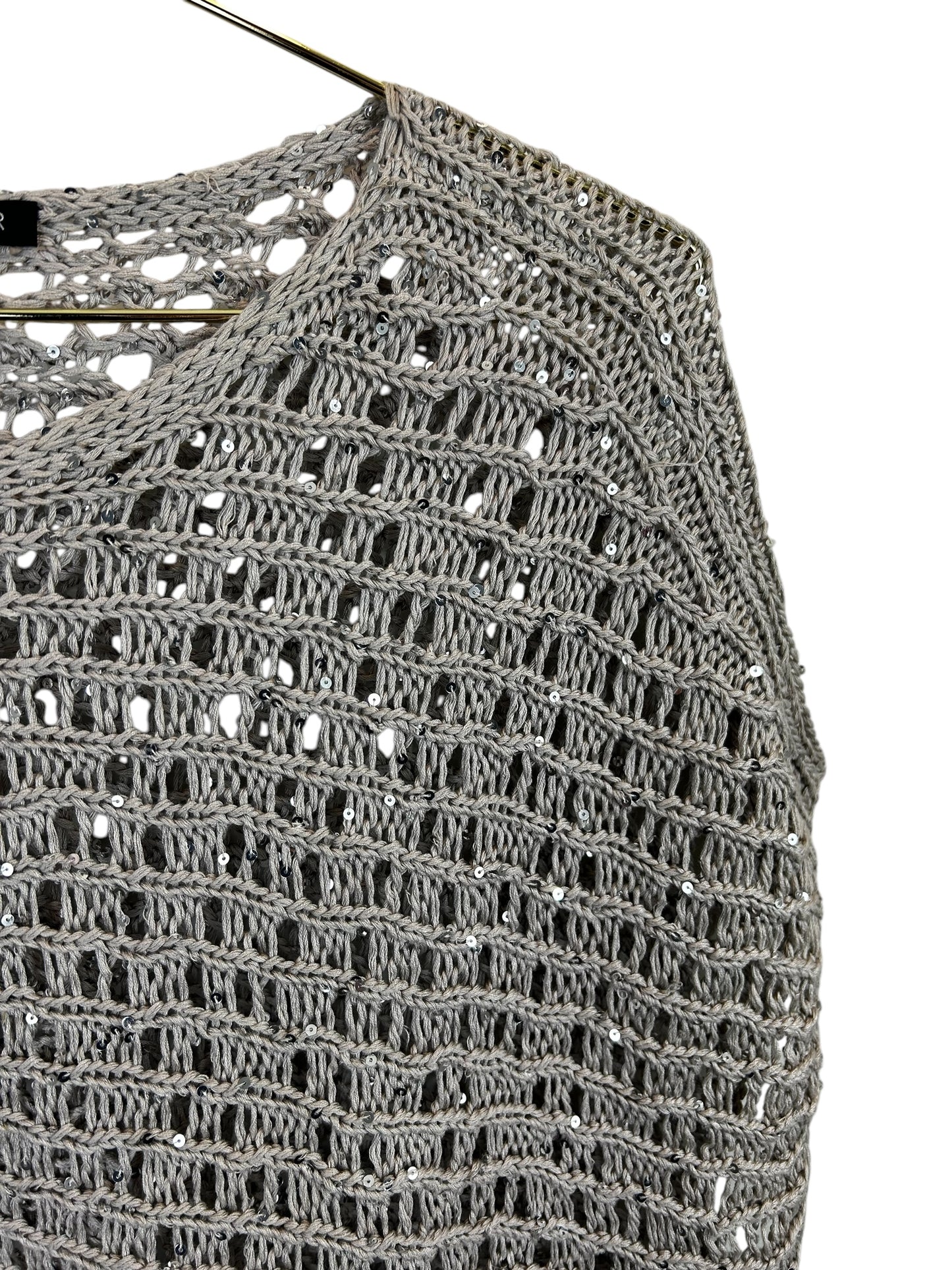 Eileen Fisher Sequin Chainmail Mesh Antique Silver Cap Slv Box Sweater Top