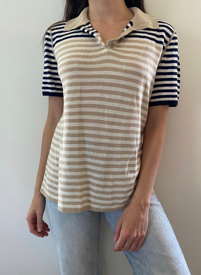 St. John Sport VTGE 90s striped knit polo navy white beige short sleeve top LG