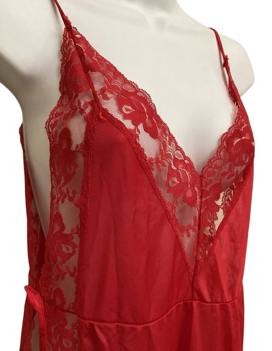 Vtg 70s 80s Red Lace Lounge Dress Nightgown Size medium Nylon