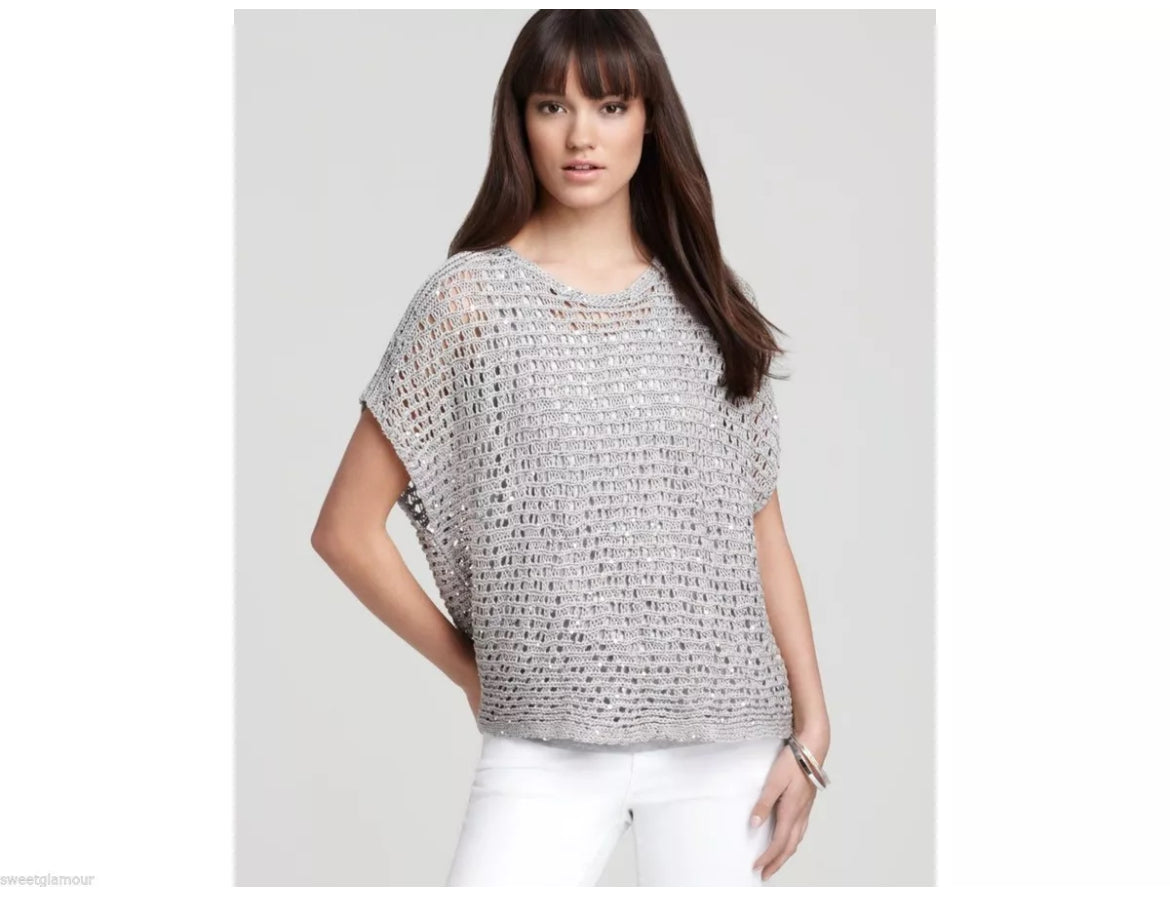 Eileen Fisher Sequin Chainmail Mesh Antique Silver Cap Slv Box Sweater Top