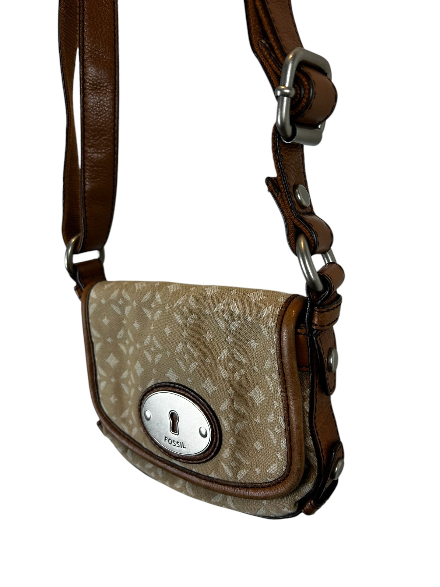 Fossil Canvas Tan Leather Trim Key-per Small Crossbody Shoulder Purse