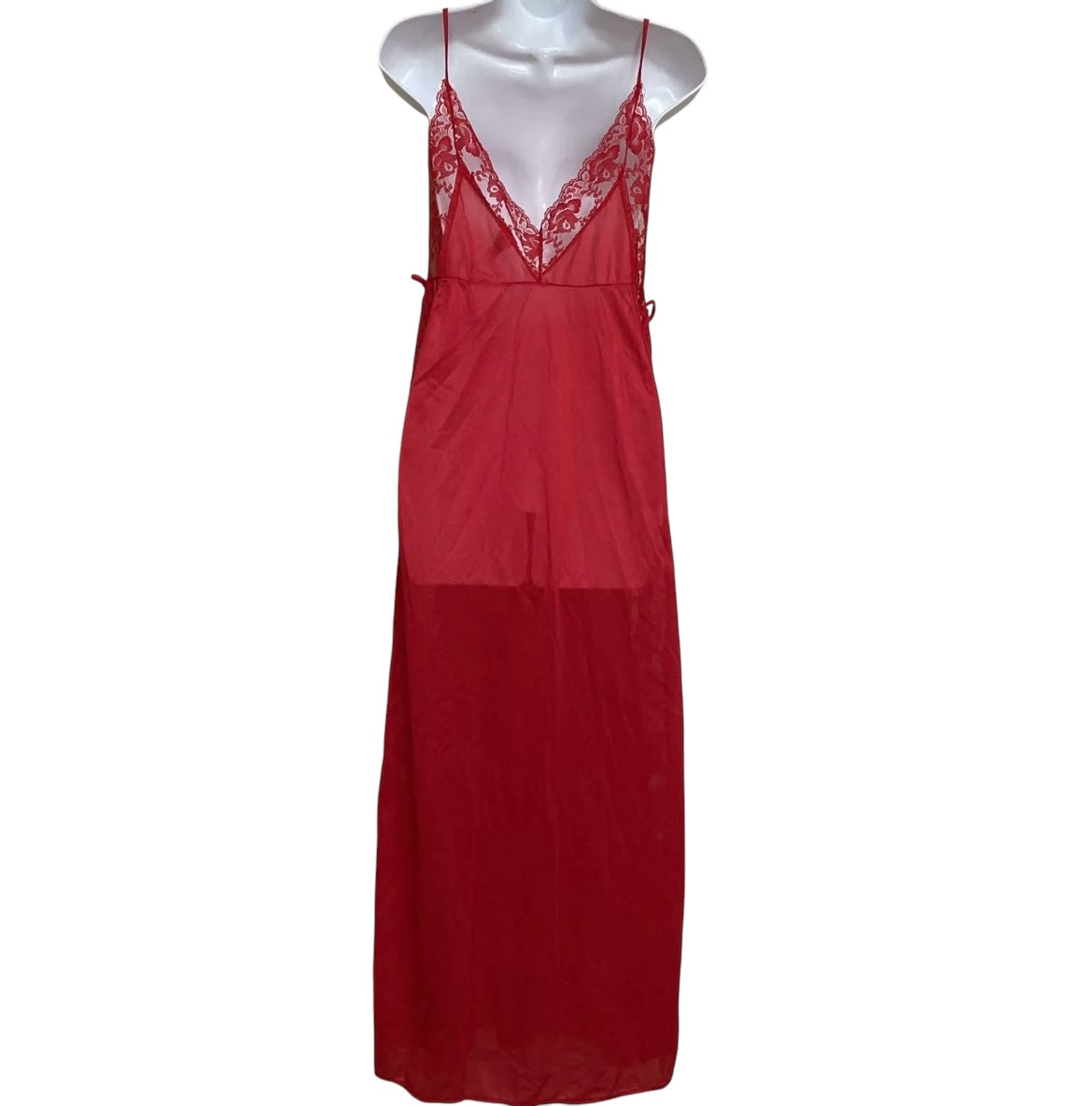 Vtg 70s 80s Red Lace Lounge Dress Nightgown Size medium Nylon