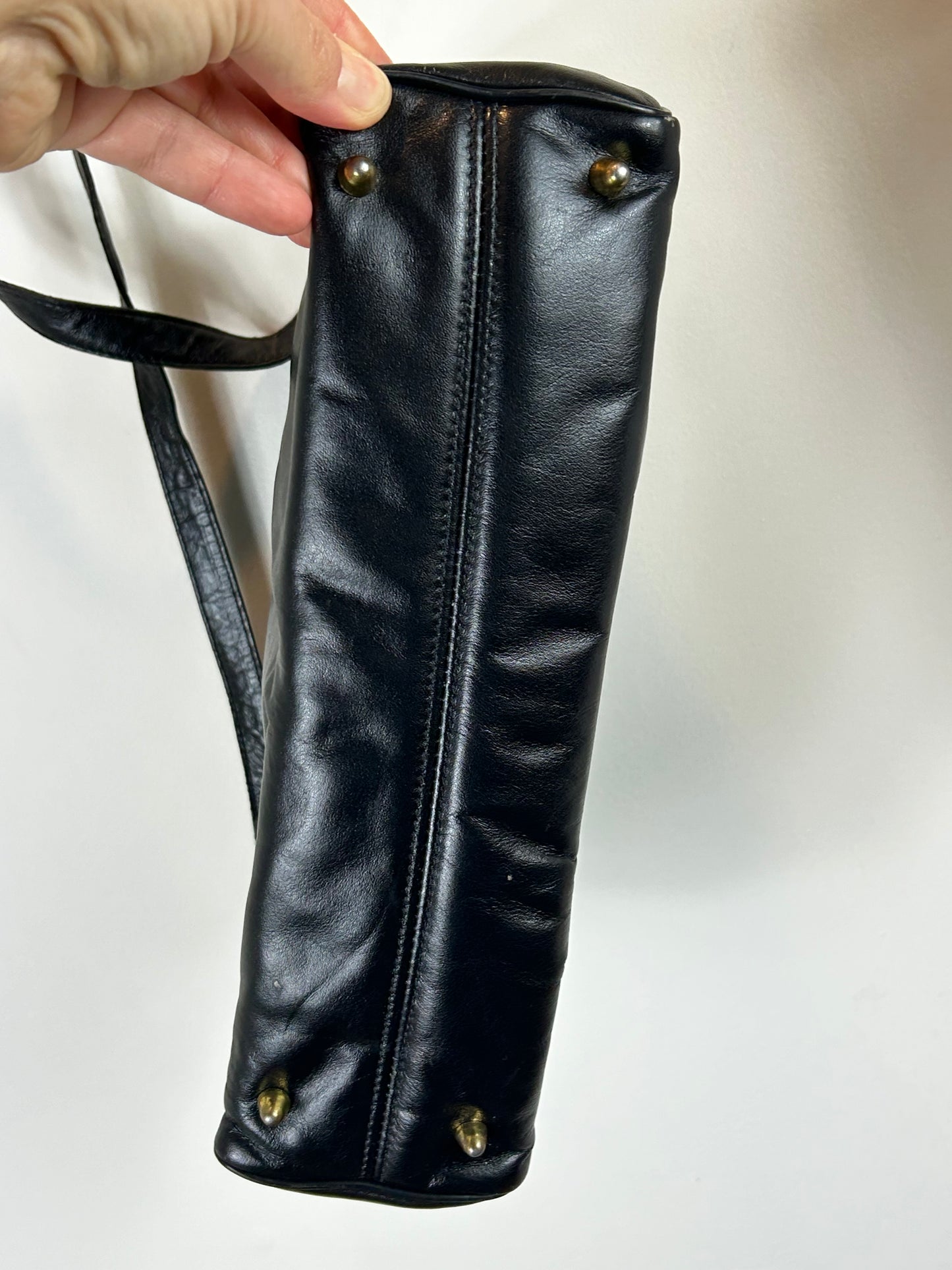 ETIENNE AIGNER Logo Black Full Grain Leather Shoulder Bag w/Goldtone Metal Hardware & Feet