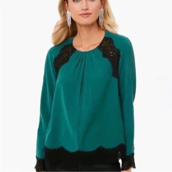Tuckernuck Juniper Vail Blouse Green Black Scalloped Lace Blouse