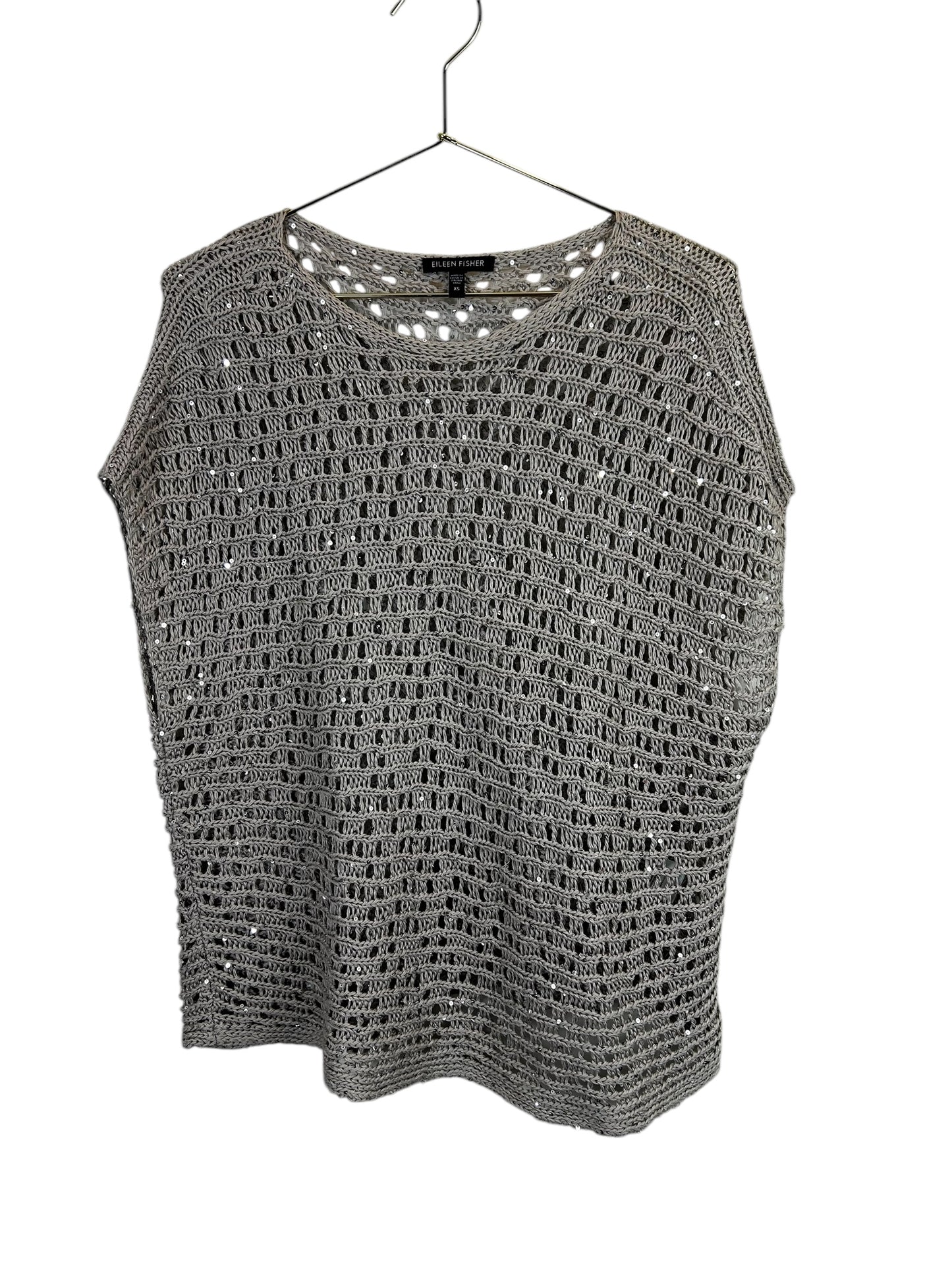 Eileen Fisher Sequin Chainmail Mesh Antique Silver Cap Slv Box Sweater Top