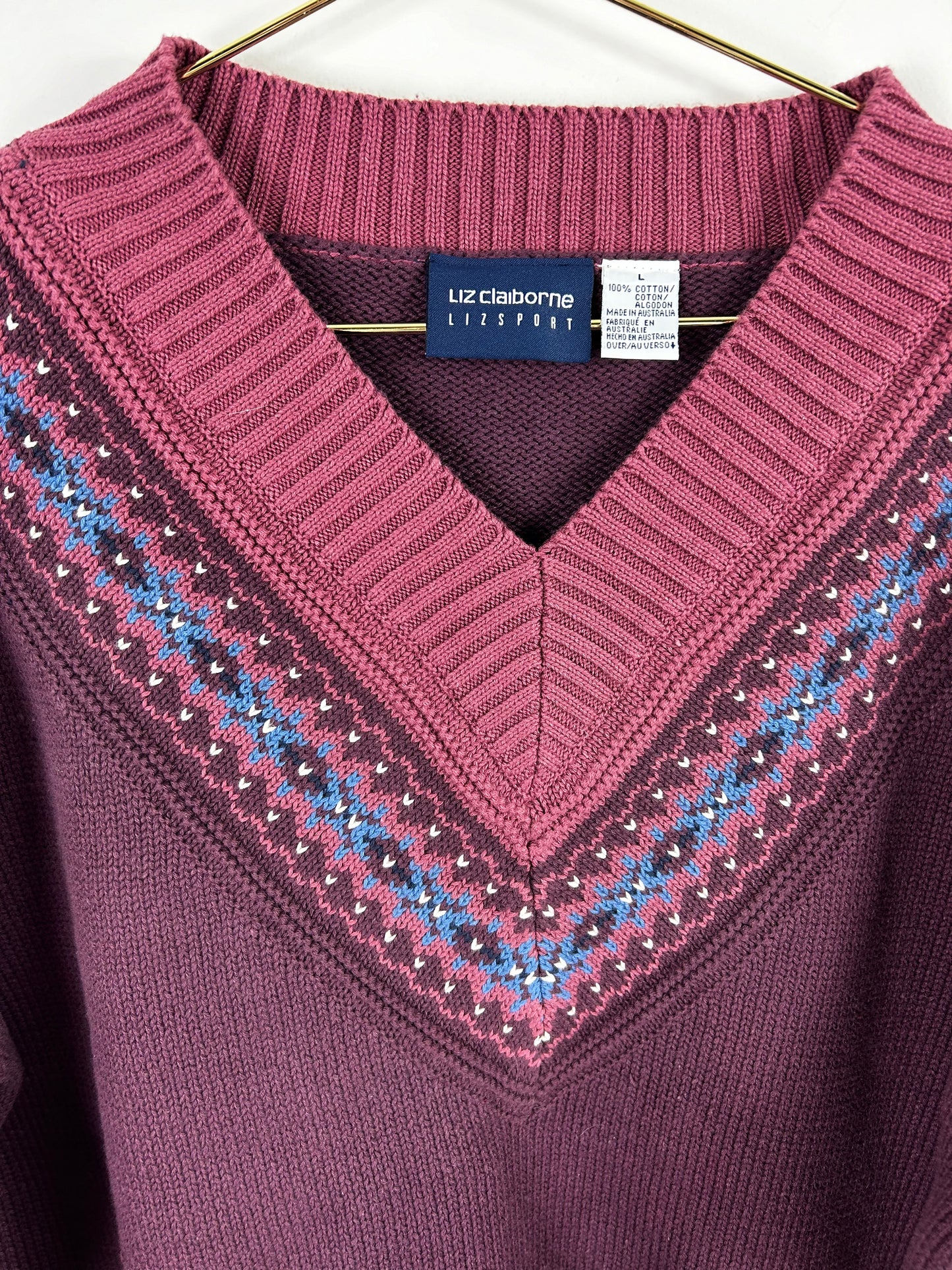 Liz Claiborne Liz Sport Vintage Women’sCotton V neck Fair Aisle Sweater