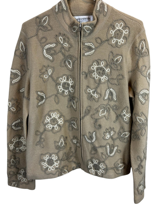 Jones New York Size Medium Jacket Merino Wool Embroidered Beige Womens