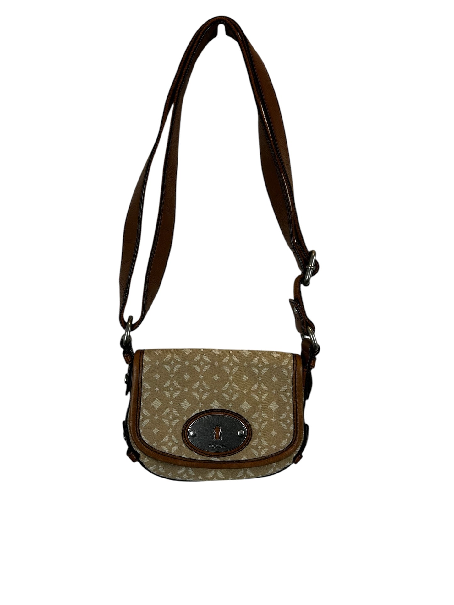 Fossil Canvas Tan Leather Trim Key-per Small Crossbody Shoulder Purse