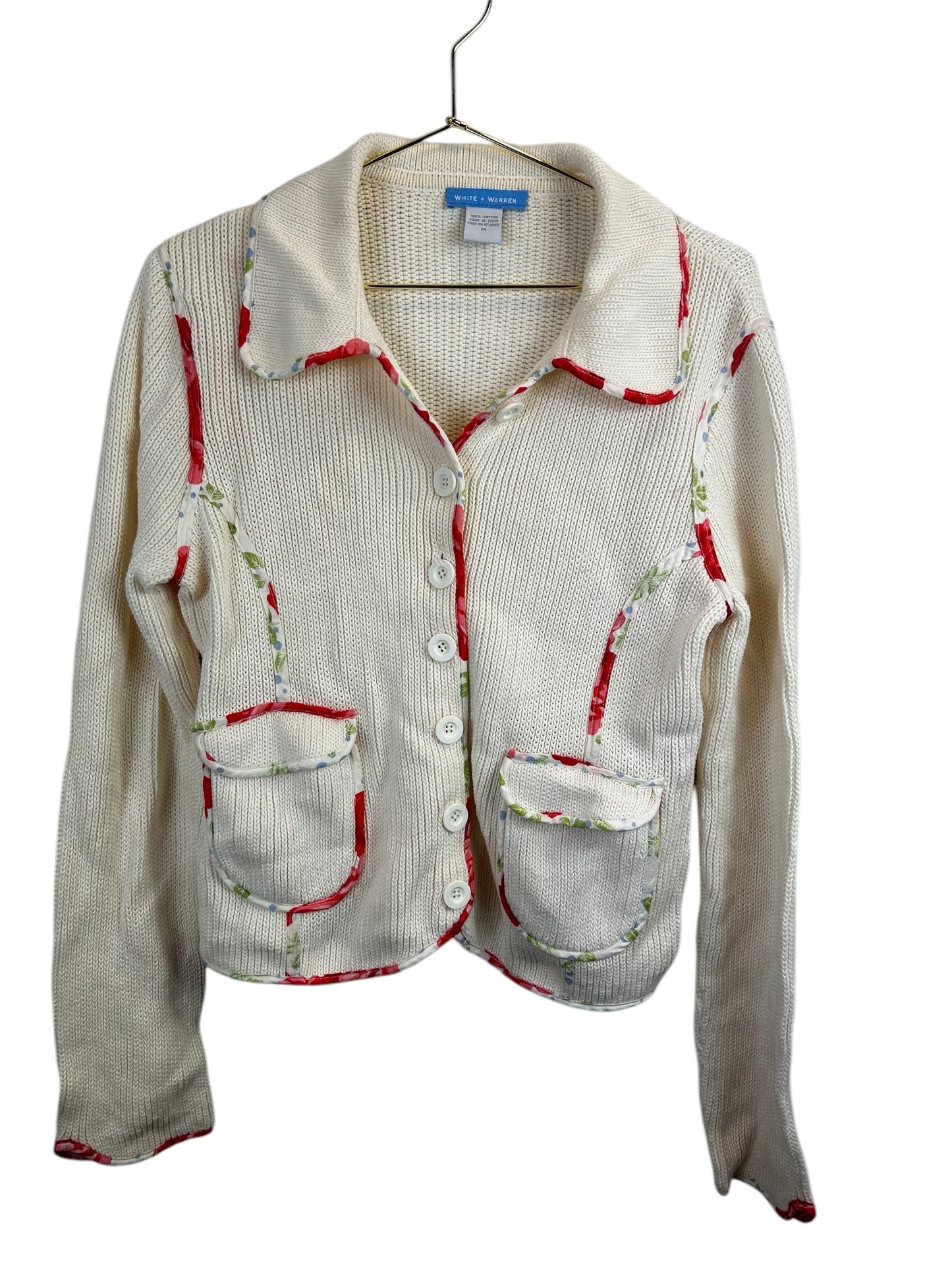 White + Warren Cream Floral Trim Cardigan
