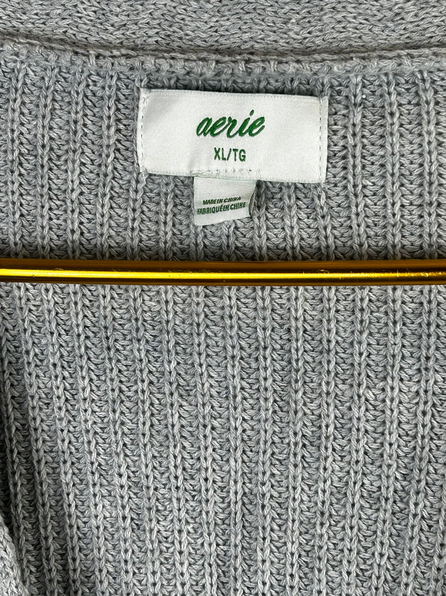 AERIE Women’s Puff Sleeve Knit Gray Cardigan Button Cropped Sweater