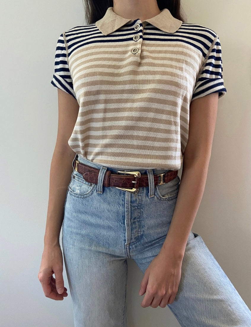 St. John Sport VTGE 90s striped knit polo navy white beige short sleeve top LG