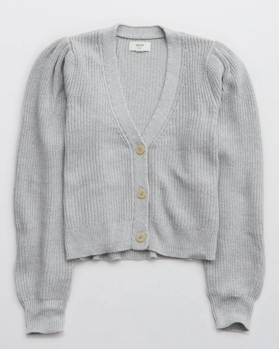 AERIE Women’s Puff Sleeve Knit Gray Cardigan Button Cropped Sweater