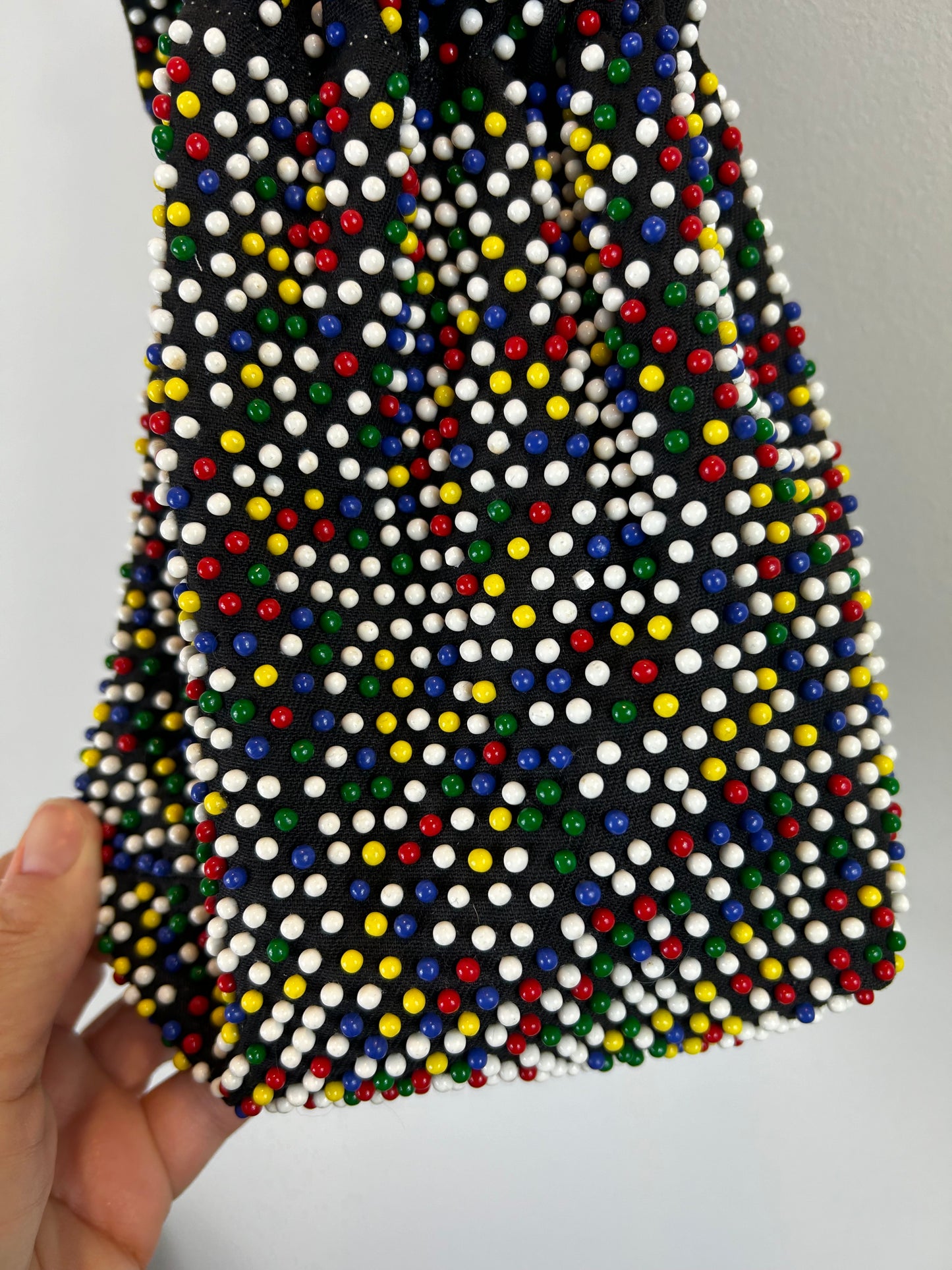 Vintage Mid Century Candy Dot Beaded Drawstring Reversible Handbag Purse