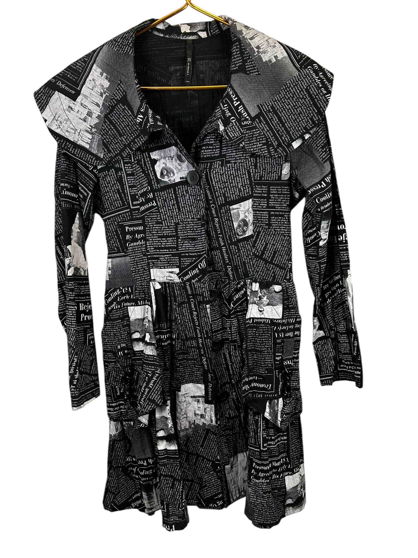 IC By Connie K Newspaper Print Asymmetrical Tunic Jacket MEDIUM Lagenlook Art to Wear