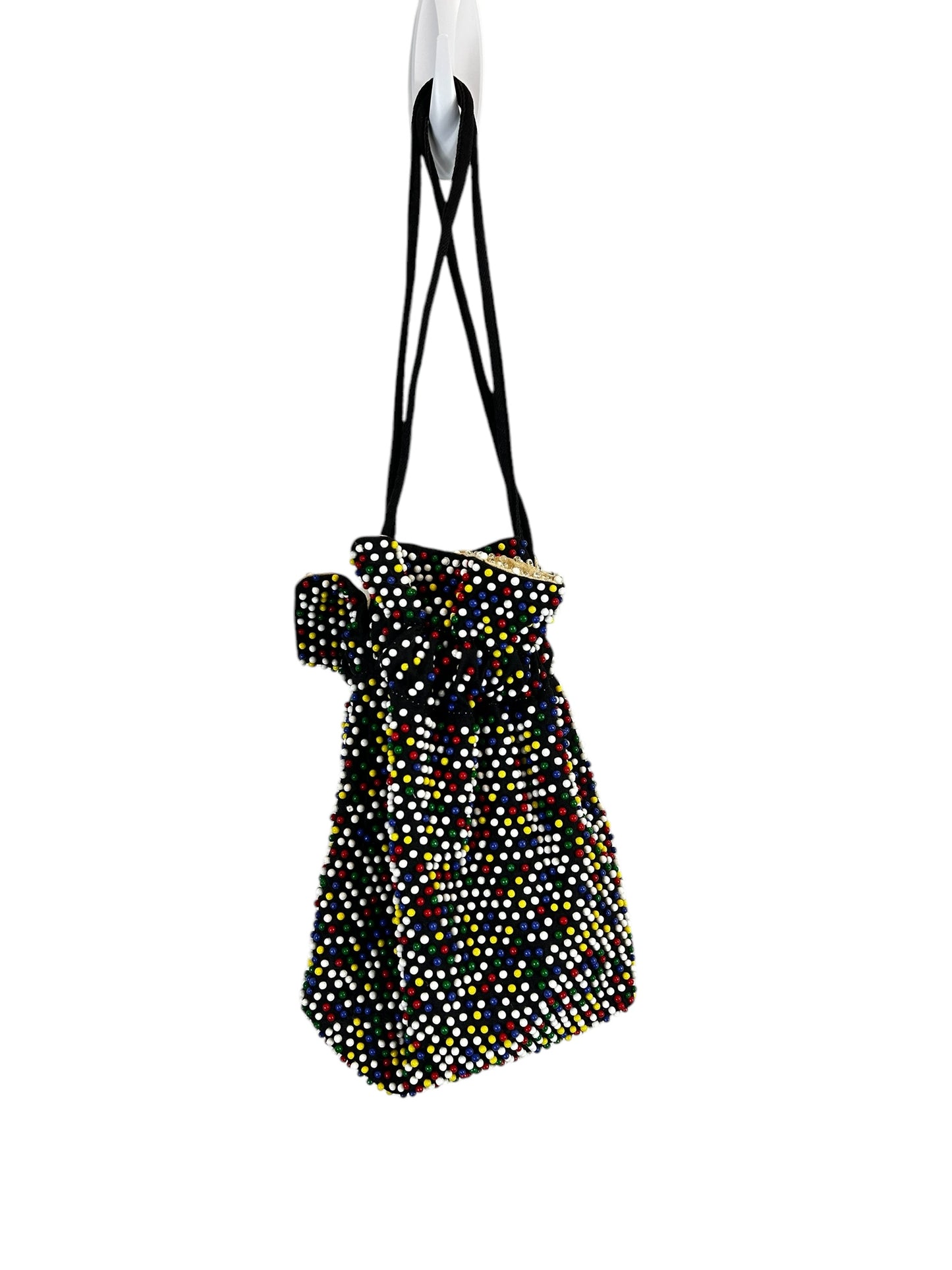 Vintage Mid Century Candy Dot Beaded Drawstring Reversible Handbag Purse