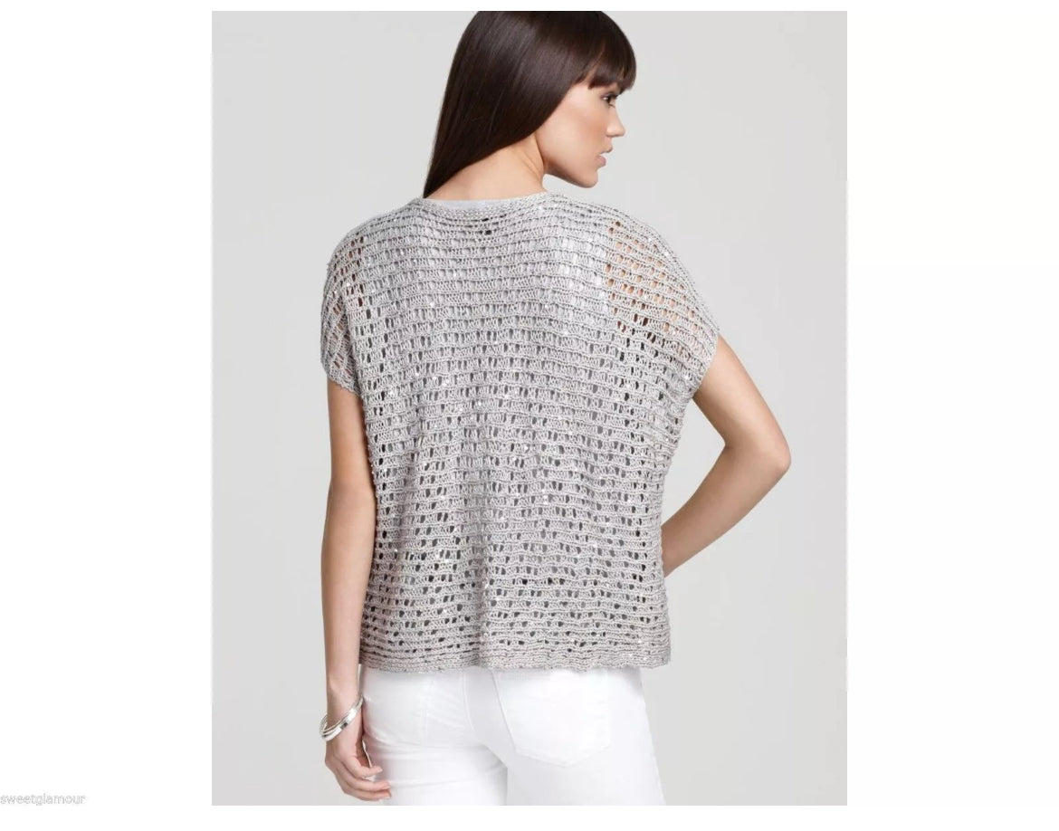 Eileen Fisher Sequin Chainmail Mesh Antique Silver Cap Slv Box Sweater Top
