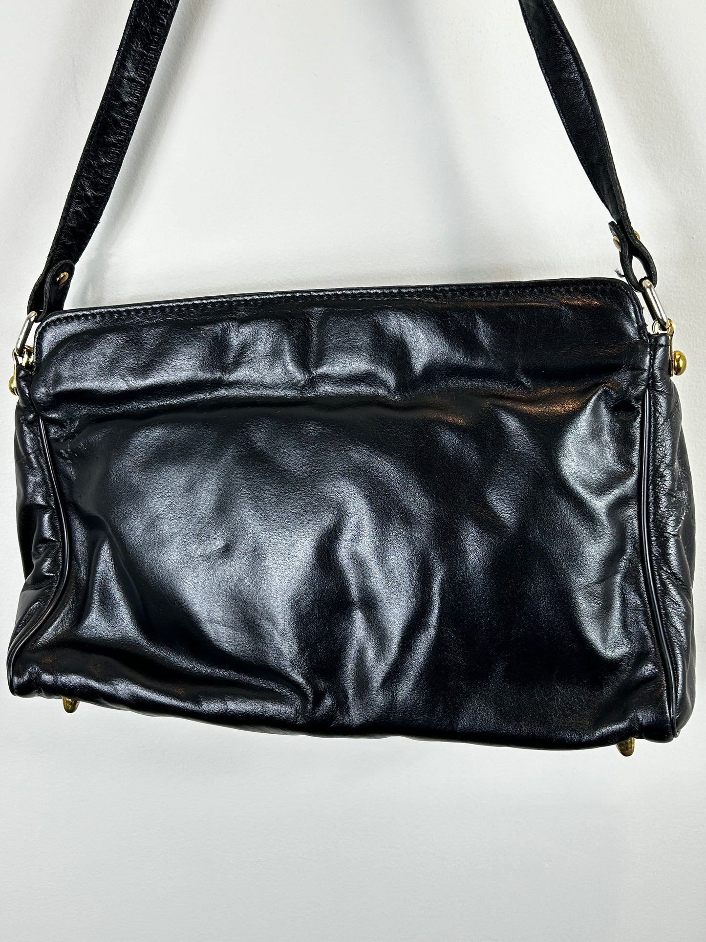 ETIENNE AIGNER Logo Black Full Grain Leather Shoulder Bag w/Goldtone Metal Hardware & Feet