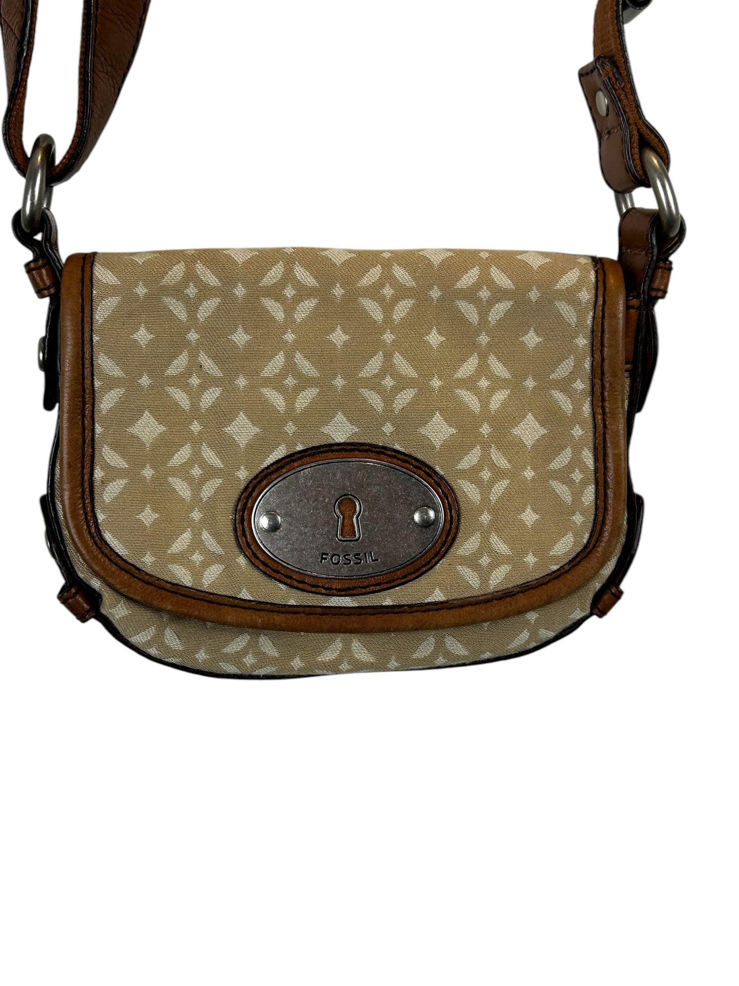 Fossil Canvas Tan Leather Trim Key-per Small Crossbody Shoulder Purse