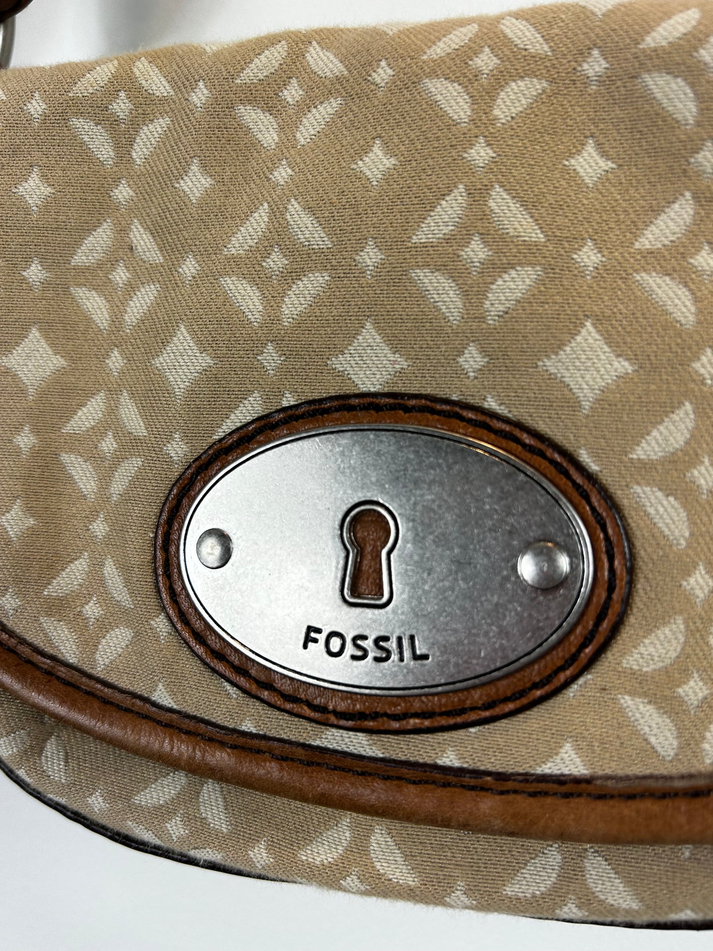 Fossil Canvas Tan Leather Trim Key-per Small Crossbody Shoulder Purse