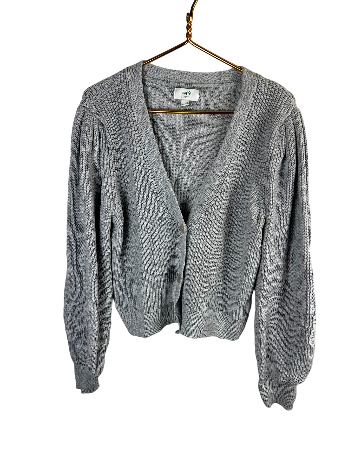 AERIE Women’s Puff Sleeve Knit Gray Cardigan Button Cropped Sweater