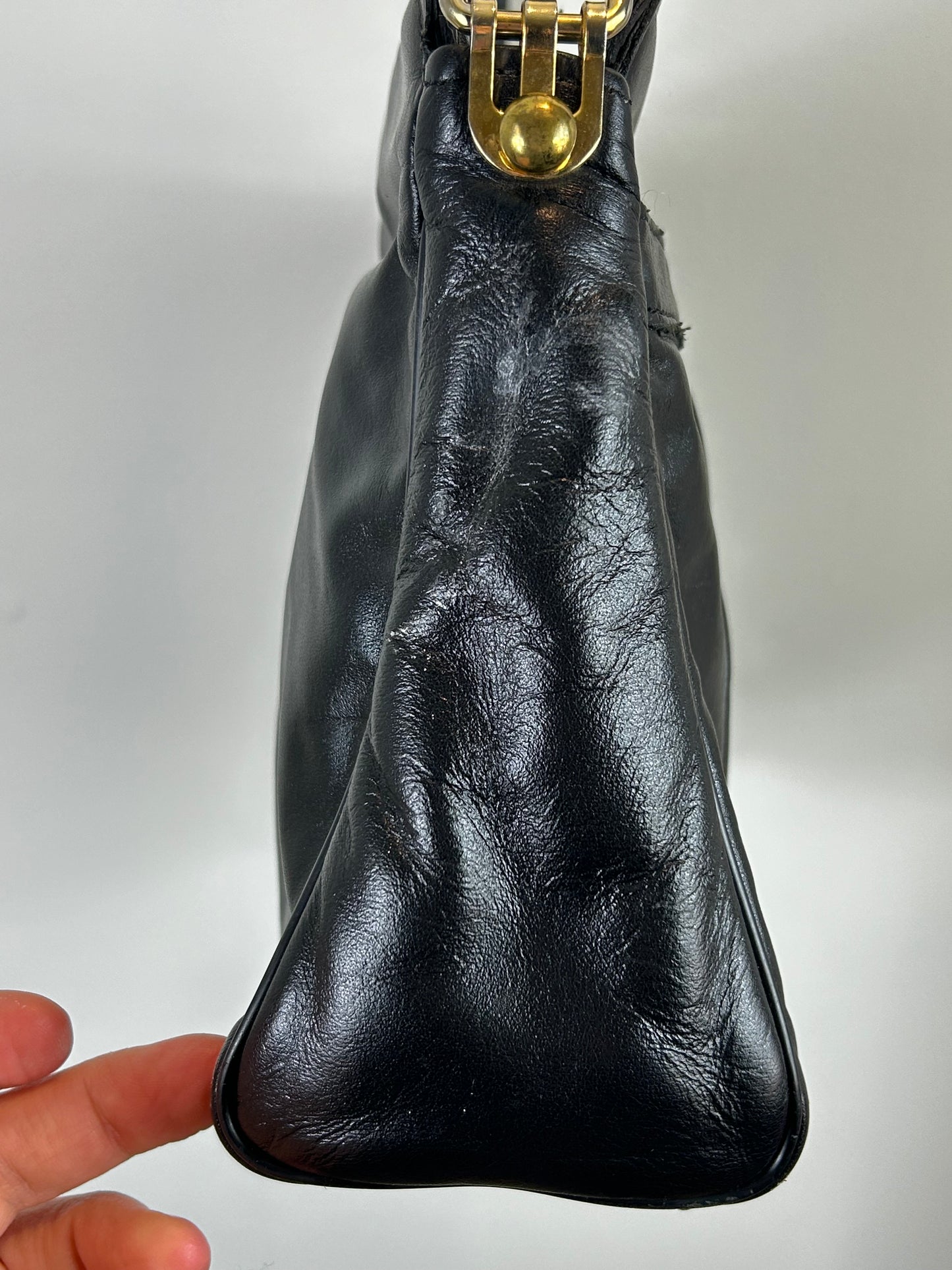 ETIENNE AIGNER Logo Black Full Grain Leather Shoulder Bag w/Goldtone Metal Hardware & Feet
