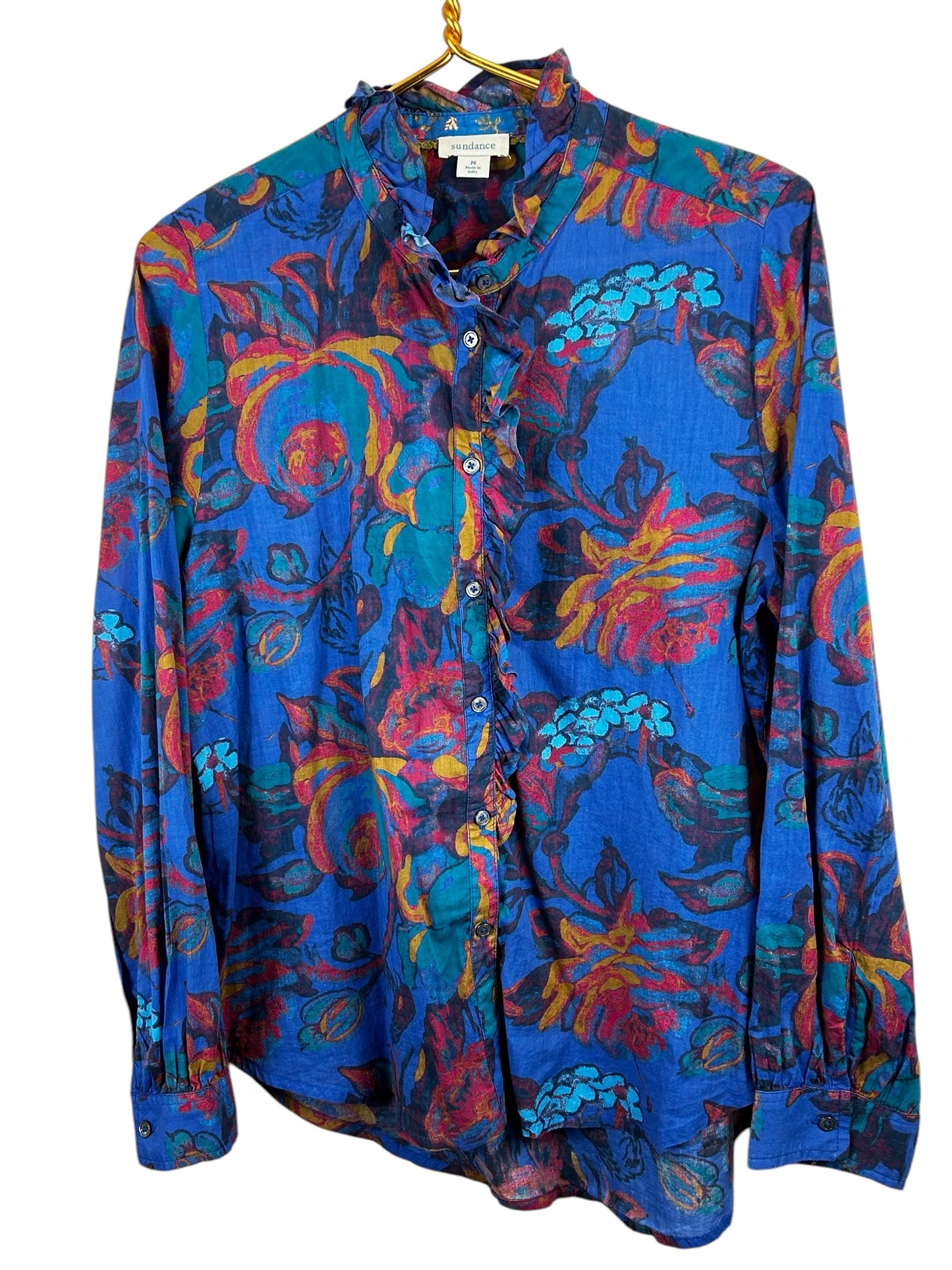 Sundance Abstract Floral Ruffle Trim Button Up Shirt Womens Size M Western Boho