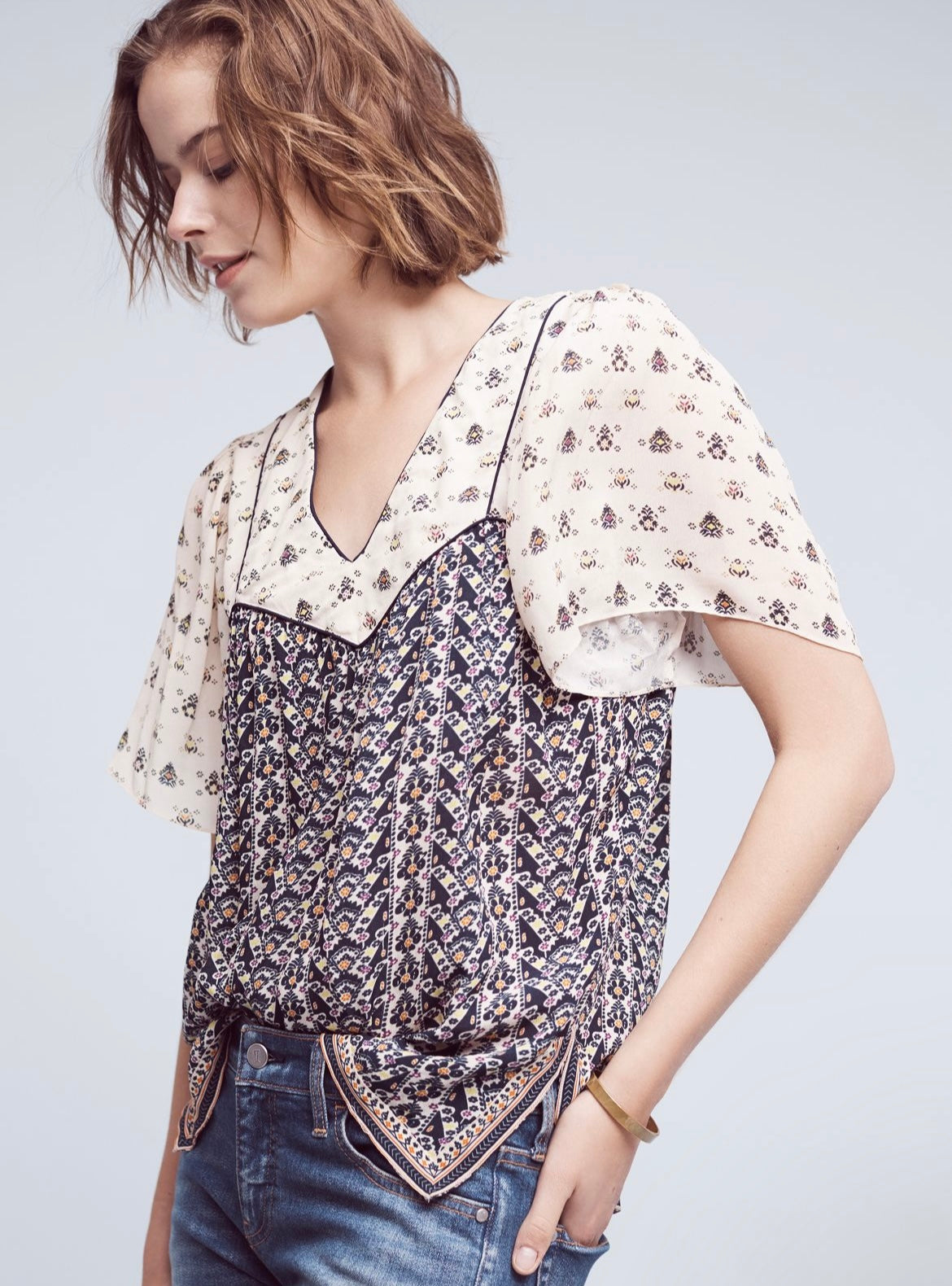 Anthropologie Printed Luca Blouse- Blue Motif Size Small