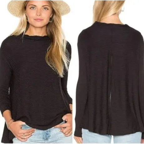 Free People We The Free Lover Rib Split Black Cut Out Back Long Sleeve Top Medium | Color: Black