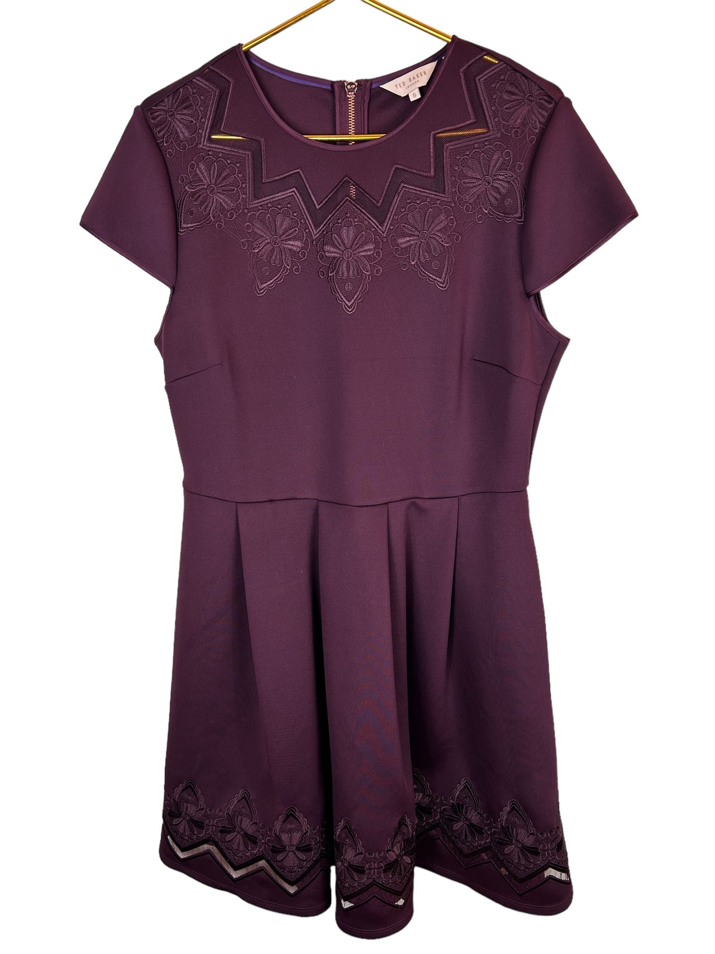 Ted Baker London Women's Embroidered Cheskka skater Dress Maroon Lace Mesh