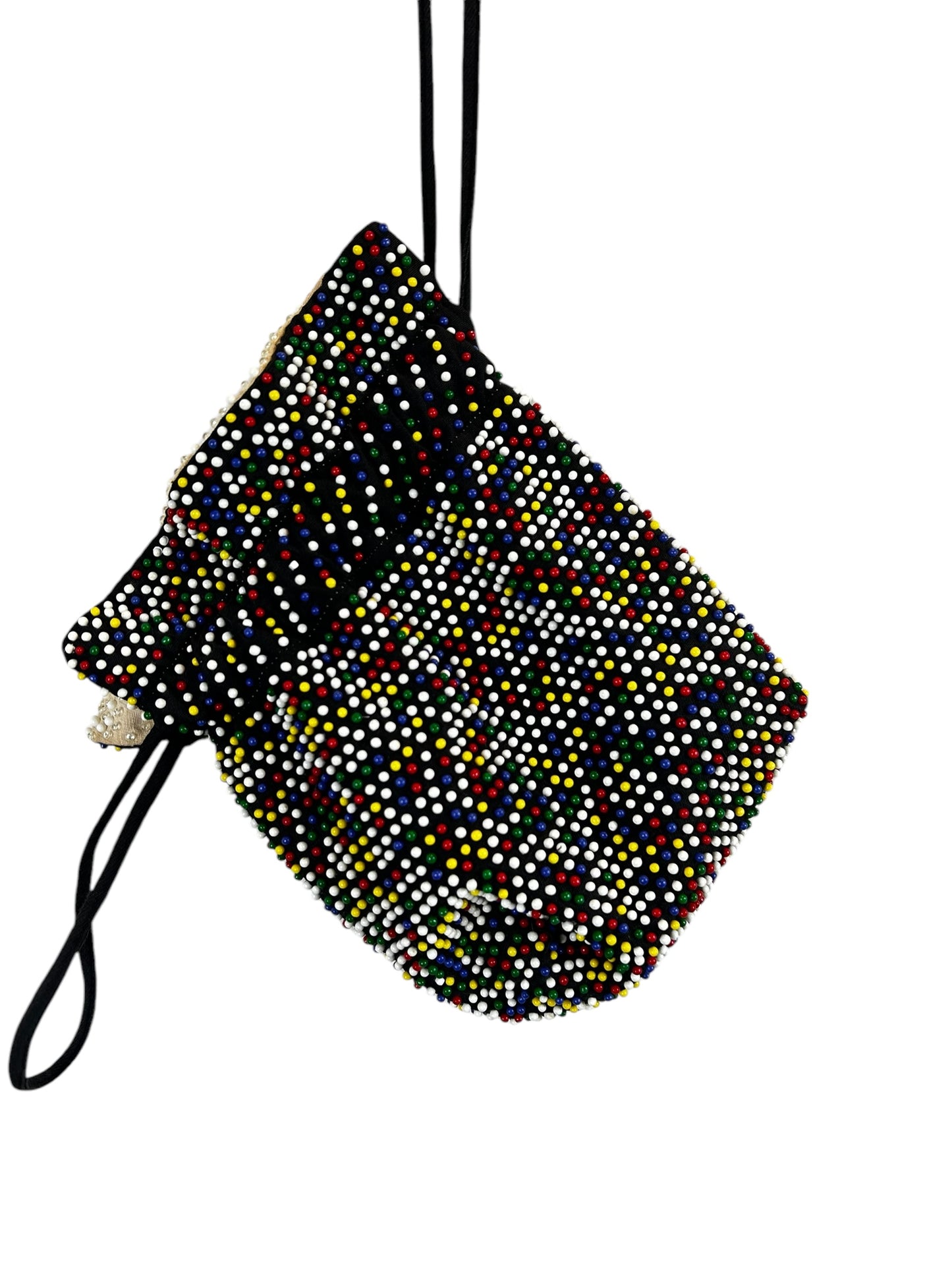 Vintage Mid Century Candy Dot Beaded Drawstring Reversible Handbag Purse