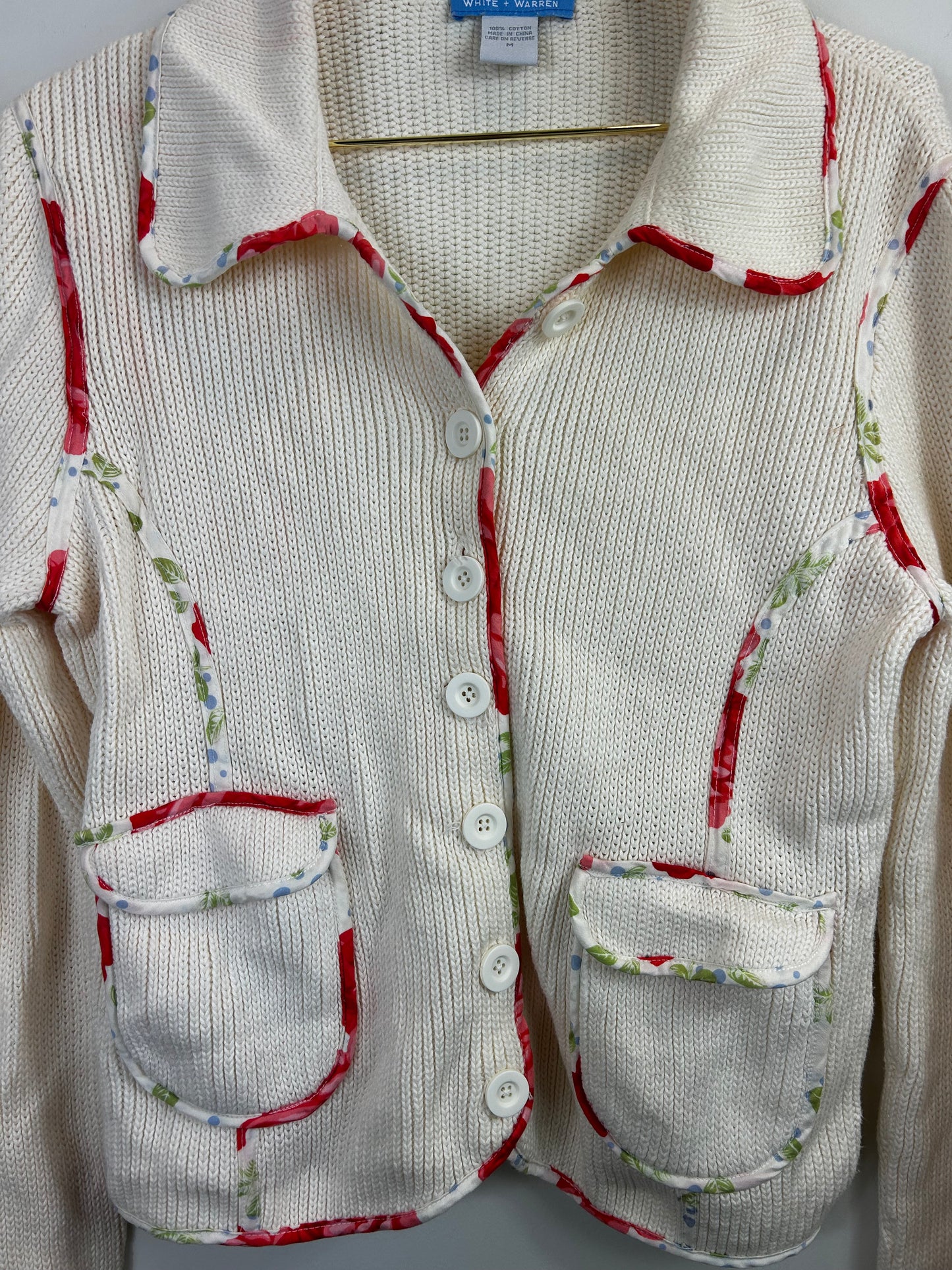 White + Warren Cream Floral Trim Cardigan