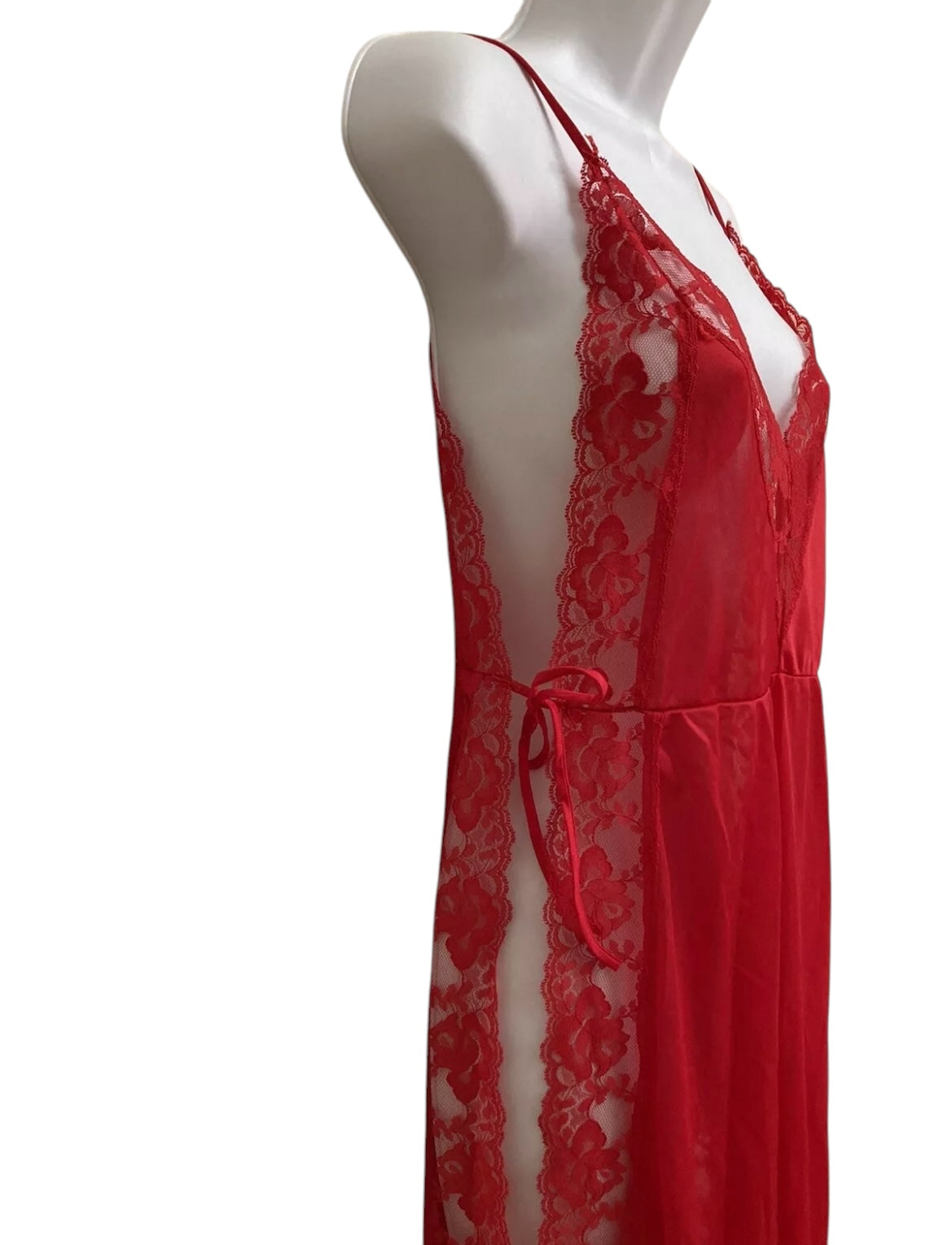 Vtg 70s 80s Red Lace Lounge Dress Nightgown Size medium Nylon