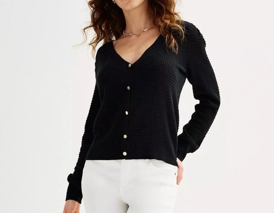 Draper James Womens XL Black Gold Button Up V Neck Cardigan Sweater