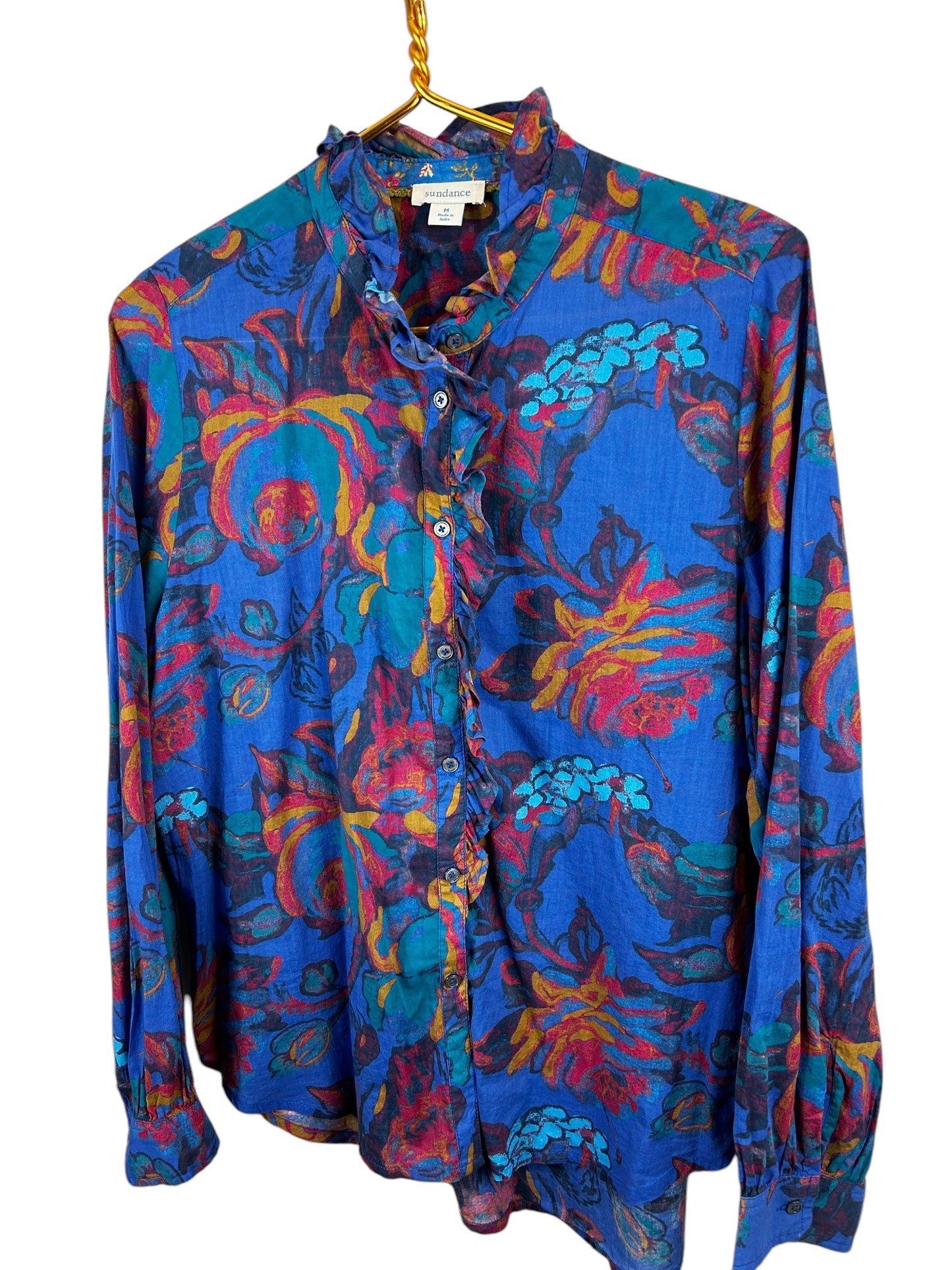 Sundance Abstract Floral Ruffle Trim Button Up Shirt Womens Size M Western Boho