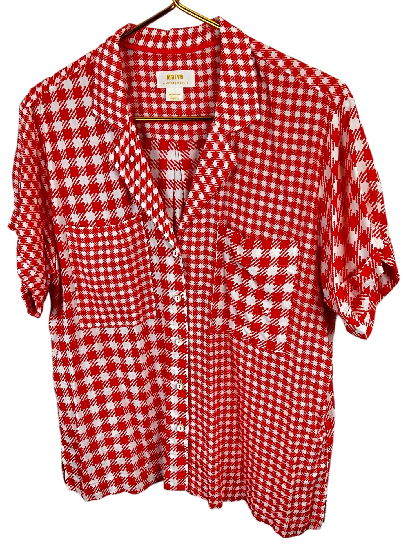 Anthropologie Maeve Red/White Houndstooth Preppy Button Down Shirt, M