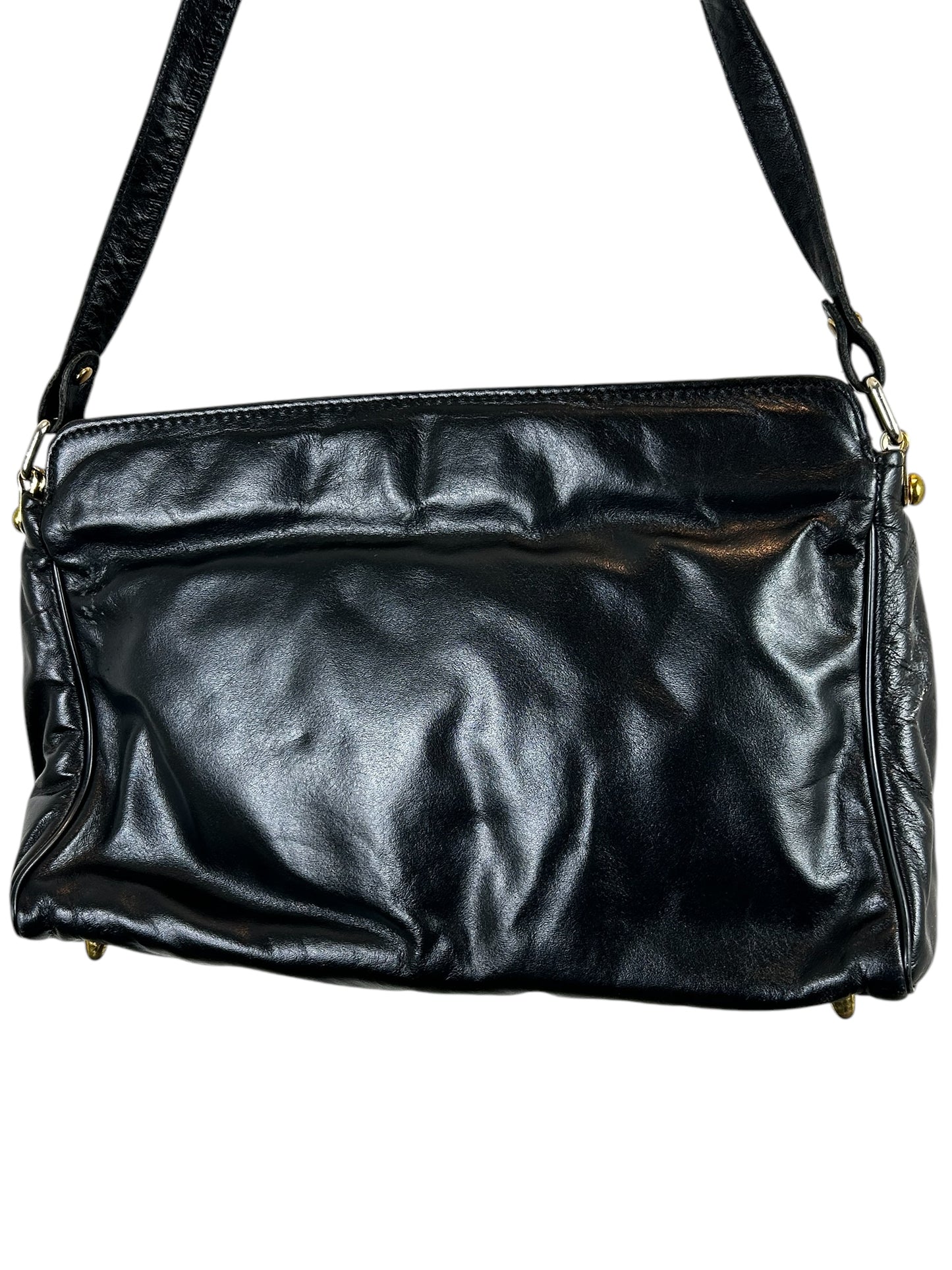 ETIENNE AIGNER Logo Black Full Grain Leather Shoulder Bag w/Goldtone Metal Hardware & Feet