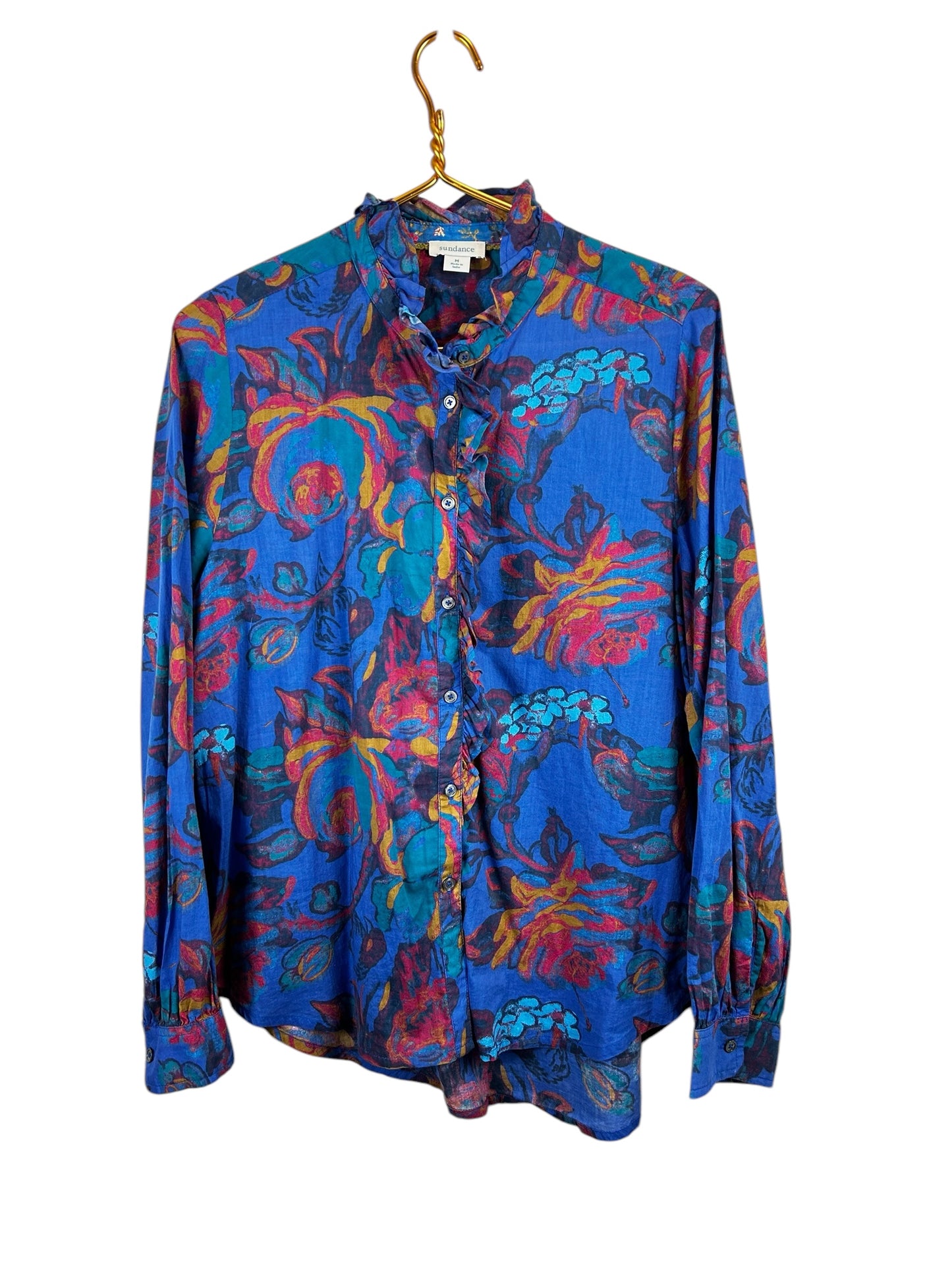 Sundance Abstract Floral Ruffle Trim Button Up Shirt Womens Size M Western Boho