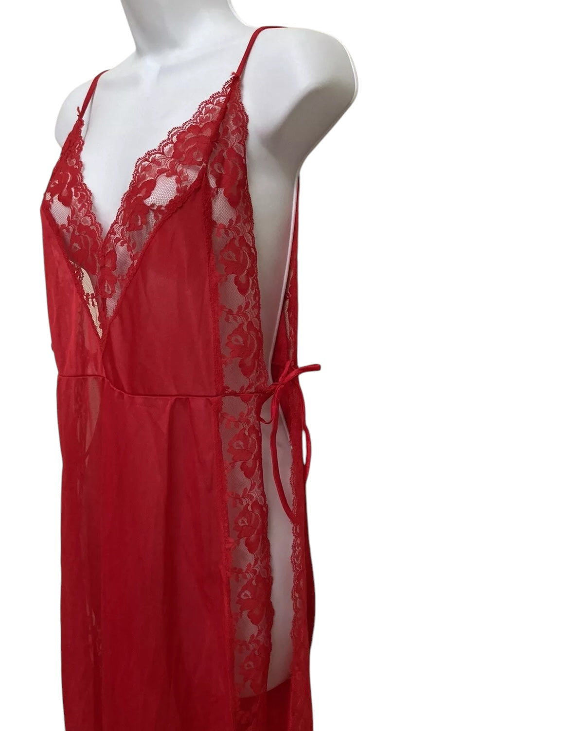 Vtg 70s 80s Red Lace Lounge Dress Nightgown Size medium Nylon