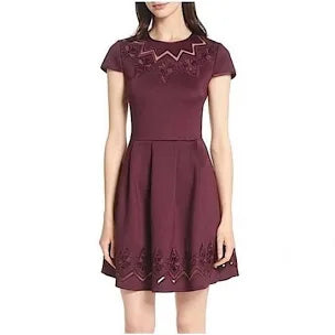 Ted Baker London Women's Embroidered Cheskka skater Dress Maroon Lace Mesh