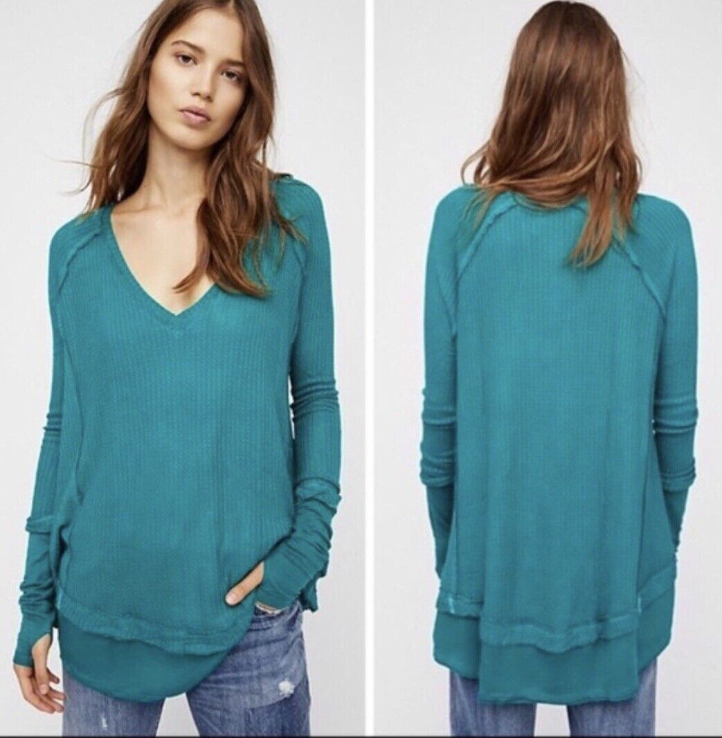 WE THE FREE PEOPLE Laguna Slouchy Thermal Tunic Top Shirt Turquoise Green Sz M