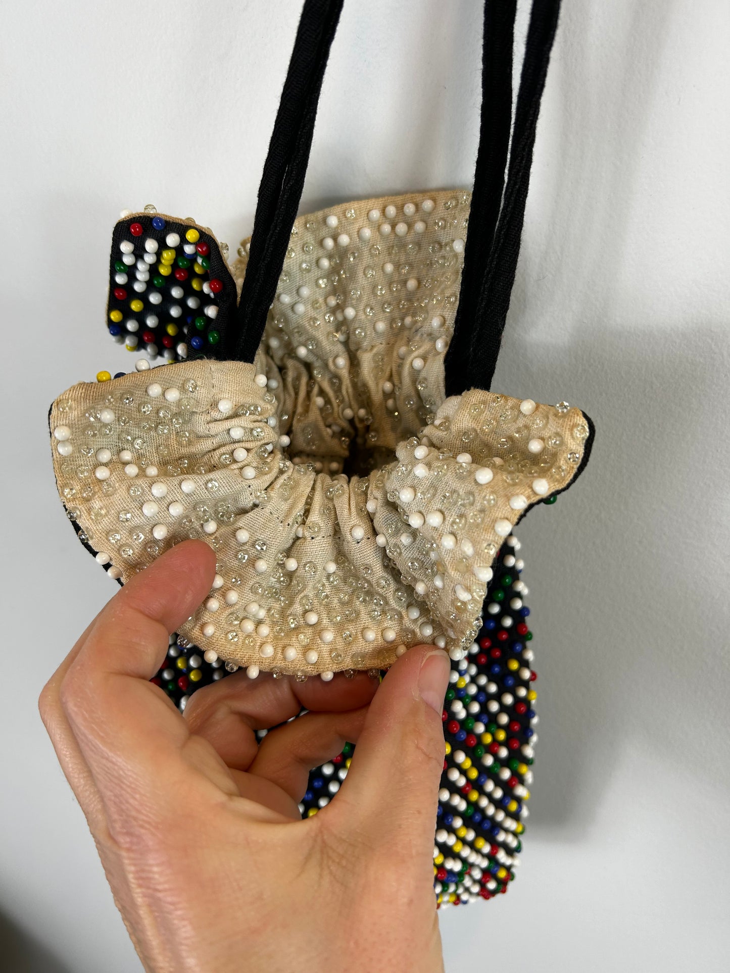 Vintage Mid Century Candy Dot Beaded Drawstring Reversible Handbag Purse