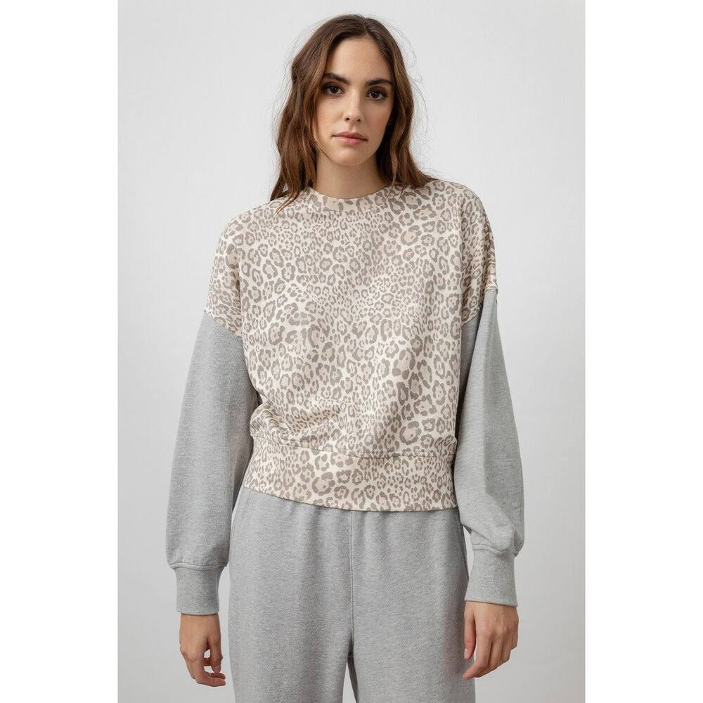 Rails Women's Sweatshirt Alice Mixed Grey Cheetah Crew Neck Pullover Top Large
