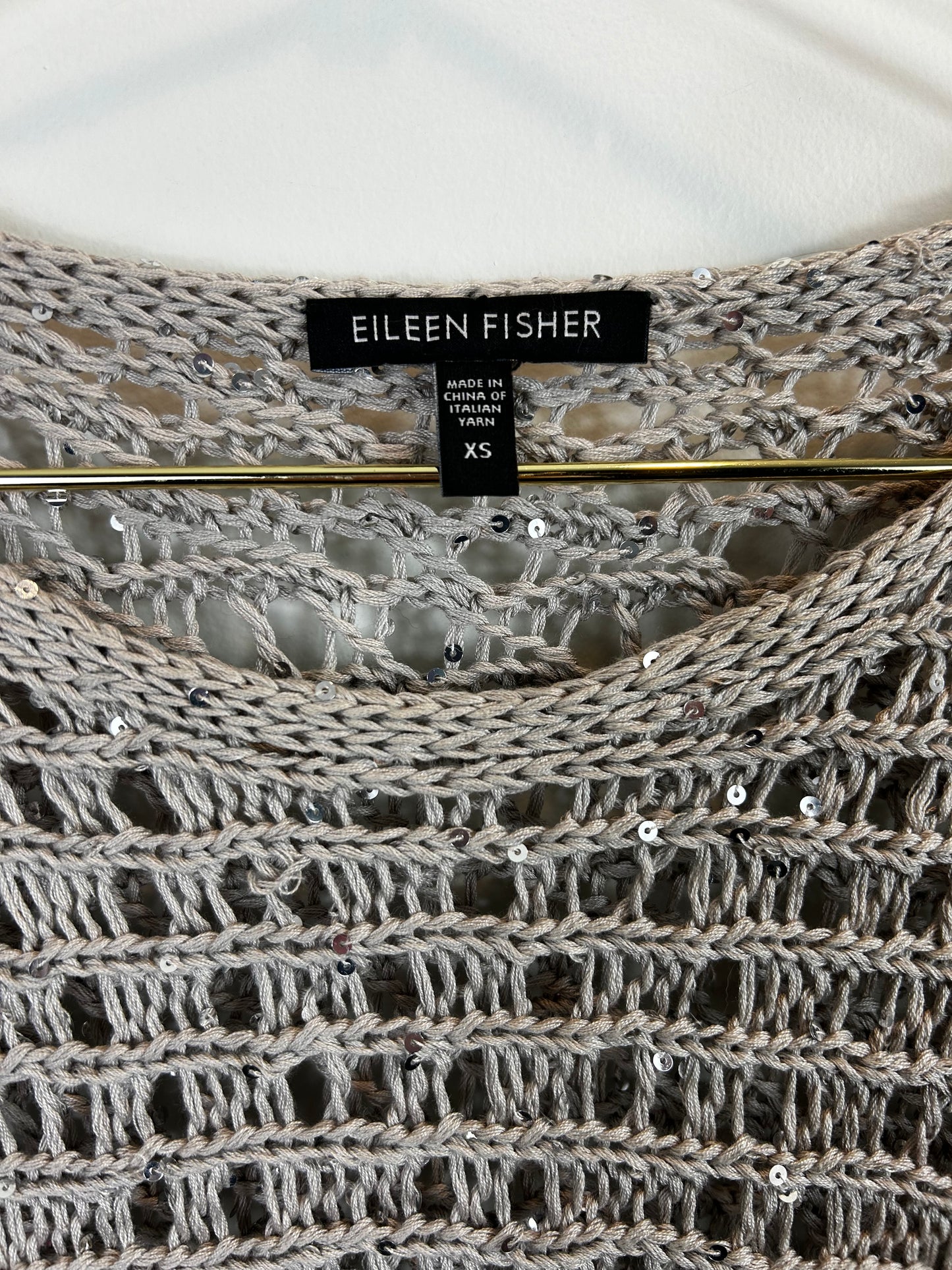 Eileen Fisher Sequin Chainmail Mesh Antique Silver Cap Slv Box Sweater Top