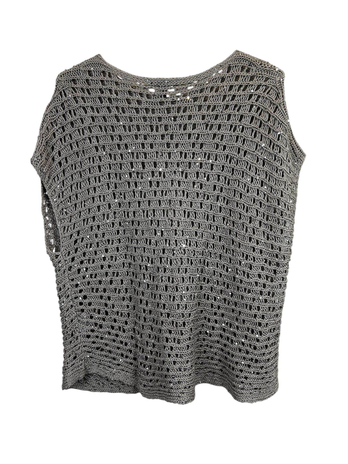 Eileen Fisher Sequin Chainmail Mesh Antique Silver Cap Slv Box Sweater Top