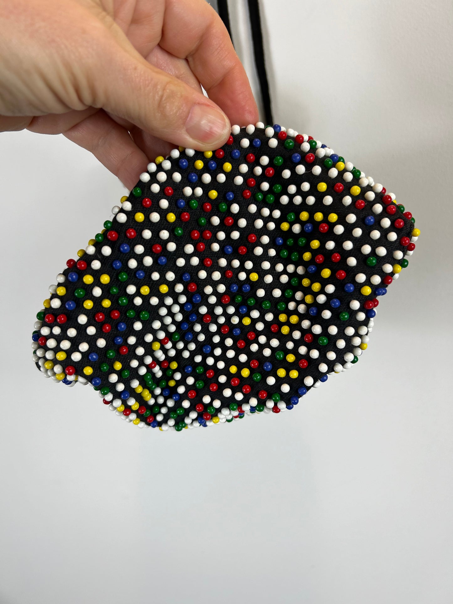Vintage Mid Century Candy Dot Beaded Drawstring Reversible Handbag Purse