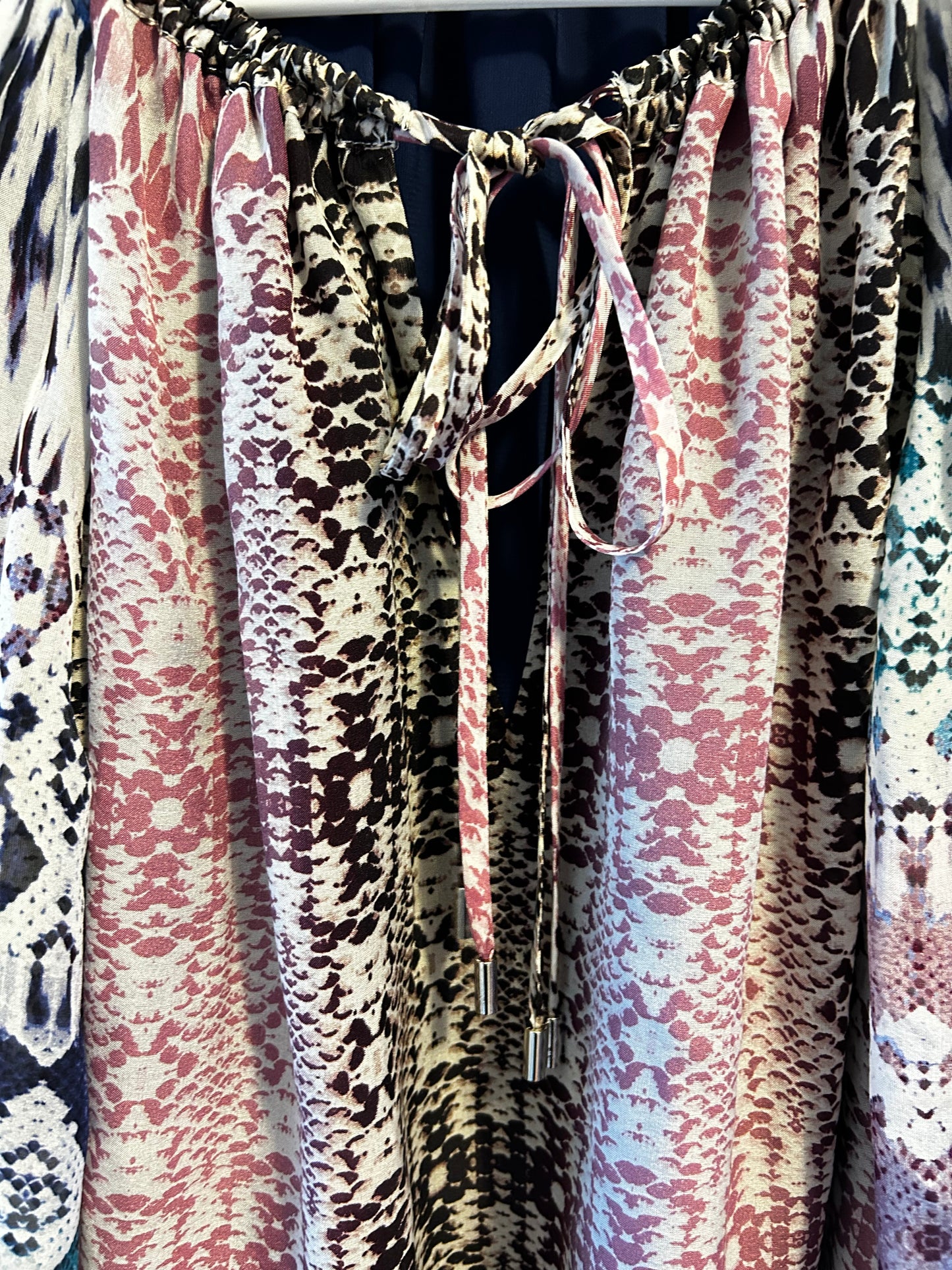 Ramy Brook Kayden mixed-print silk blouse with a drawstring tie neckline