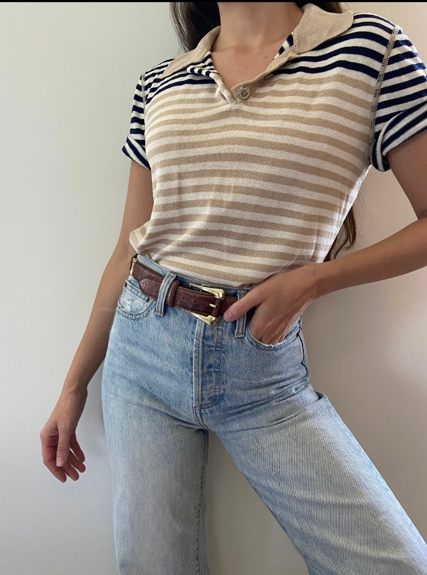 St. John Sport VTGE 90s striped knit polo navy white beige short sleeve top LG